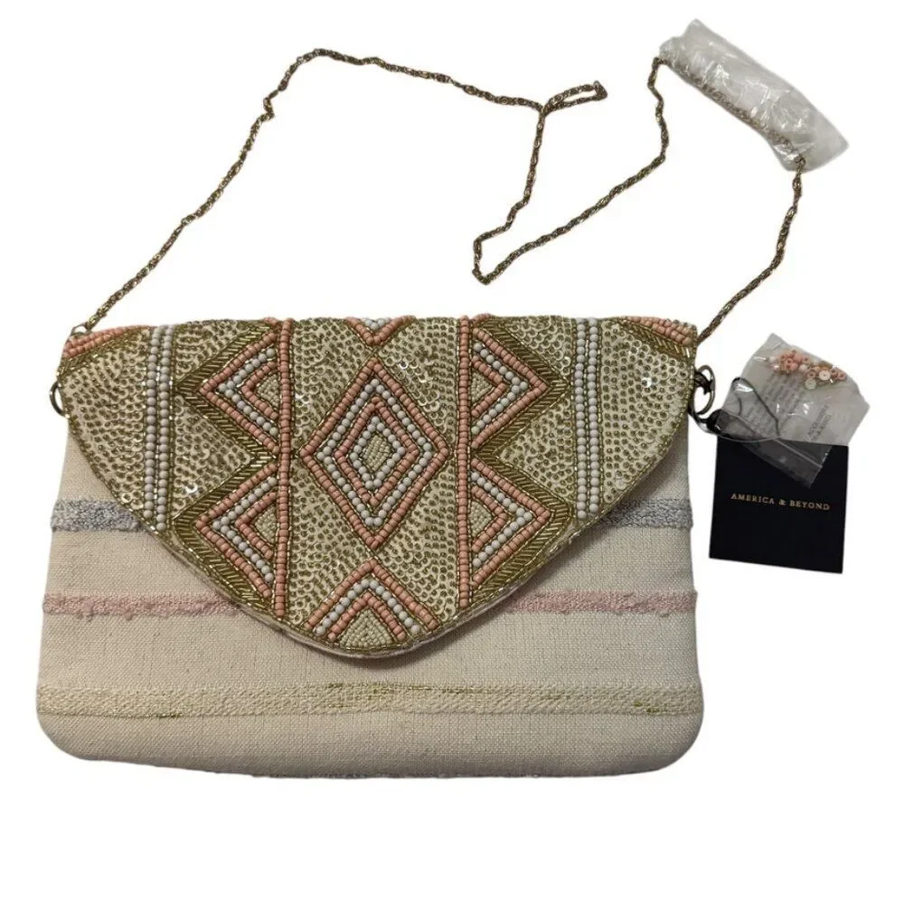NWT AMERICA & BEYOND Rose Gold Envelope Clutch Crossbody Bag Beaded Boho